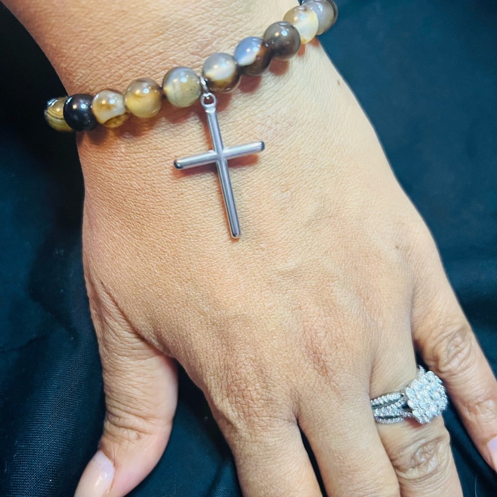 Natural Coffee Stone Beaded Stretch Bracelet w Platinum Cross - Picture 2 of 2